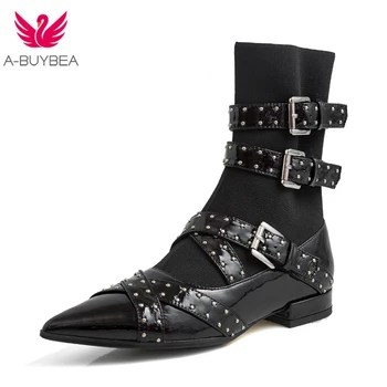 

Rivets Cow Leather Knitting Booties Buckle Straps Thick Heel Black Ankle Women Boots Studded Decorated Woman Boots Motorcycle