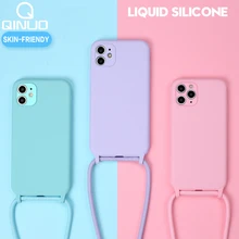 Original Liquid Silicone Cases For iPhone 12 11 Pro XS Max X XR SE 2020 8 7 Plus 6 Soft Candy Cover+Crossbody Lanyard Neck Strap