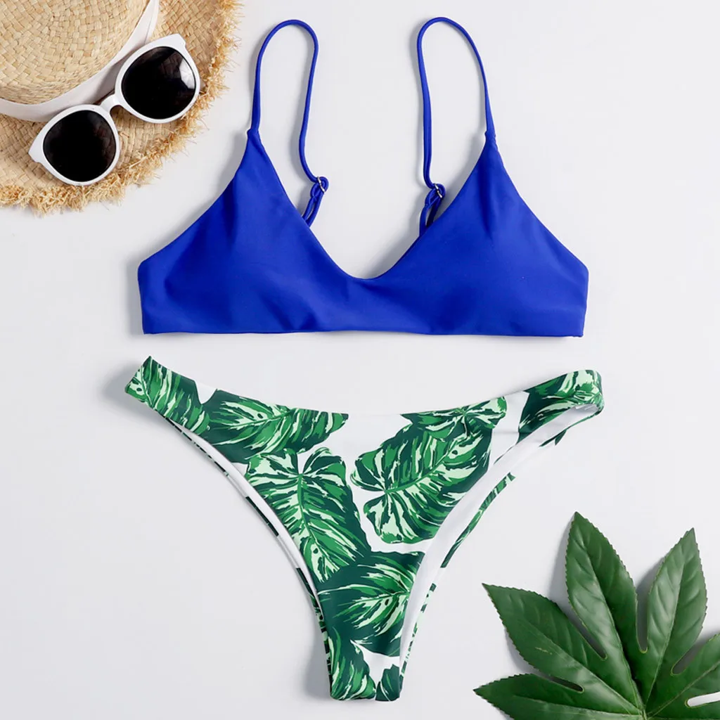 Bikinis 2019 Mujer Green Leaf Printing Sling Bikini strapless Push-Up Pad Swimsuit Women Bathing Sexy Two Piece | Женская одежда
