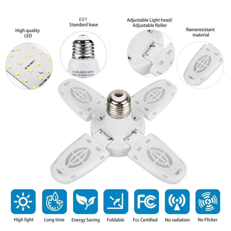 E27 LED Bulb Garage Light Bulb Foldable Fan Blade 38W 52LED 85-265V Energy Saving Easy To Install Lighting For Living Room