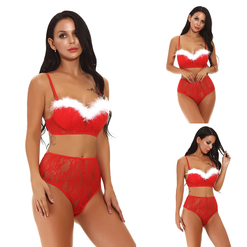 Женское сексуальное нижнее белье из двух частей с перьями Санта Клауса, рождественские подарки, однотонный красный комплект для сна с отделкой из искусственного меха
