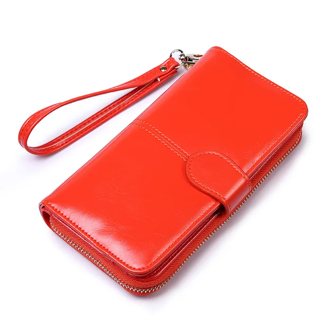 Women Oil Wax Leather Women's Wallet Female Purses Big Capacity Hasp Zipper Purse Ladies Long Wristlet Clutch Coin Card Holders Orange