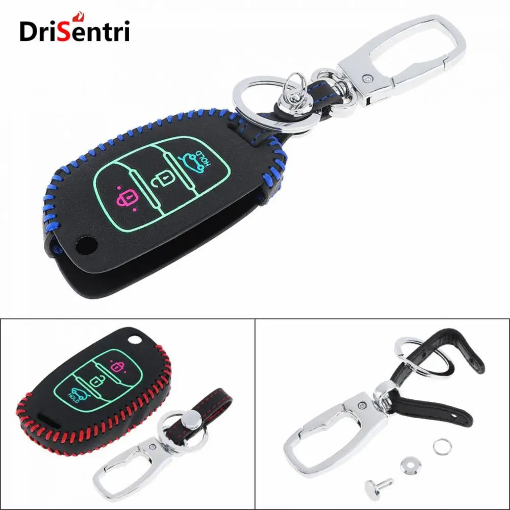 

3 Buttons Hand Sewed Leather Noctilucent Car Key Cover Protector Holder with Hang Buckle for Hyundai Creta Ix25 15-17 New