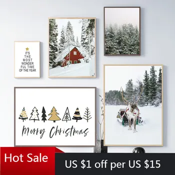 

Scandinavian Posters Canvas Painting Winter Forest Moose Picture Christmas Posters Aesthetic Room Decor Nordic Wall Art Decor