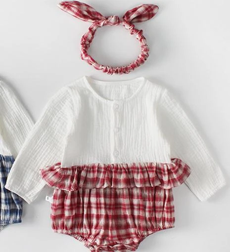 Koodykids/Боди для маленьких девочек; весенние комбинезоны с повязкой на голову для новорожденных мальчиков голубой клетчатый комбинезон; Осенняя детская модная одежда с длинными рукавами - Цвет: Baby girl