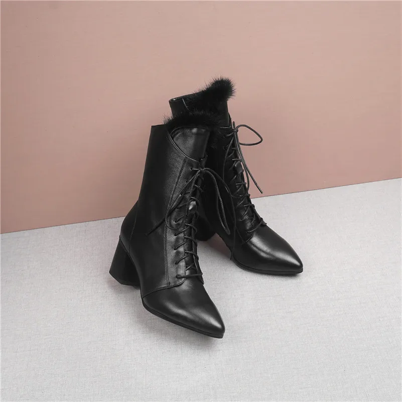 FEDONAS/Элегантные женские зимние сапоги до середины икры на выпускной теплые ботинки «Челси» из натуральной кожи на высоком каблуке Женская танцевальная обувь с перекрестной шнуровкой
