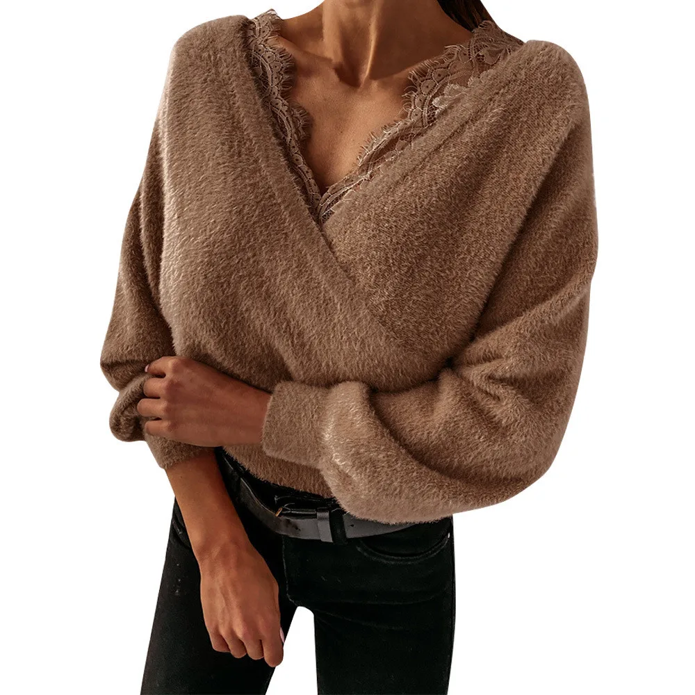 

Women Plush Warm Wrap Front Top Sexy Long Sleeve Deep V Neck Lace Patchwork Loose T-Shirt Female Ladies Spring Clothing