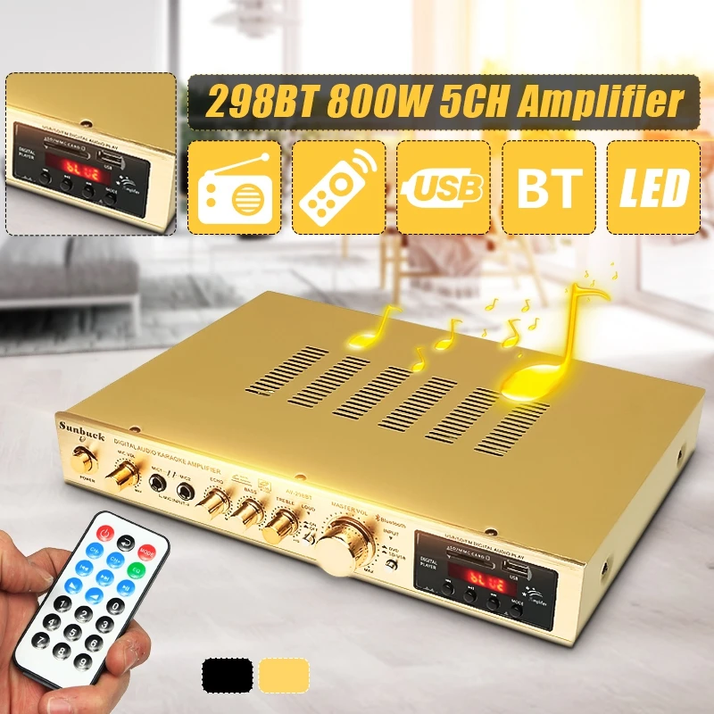 Ceny Bluetooth 298BT wzmacniacz mocy wyświetlacz LCD Audio HiFi 800W 220 V 240 V 50Hz 5CH kino domowe obsługa radia FM SD USB
