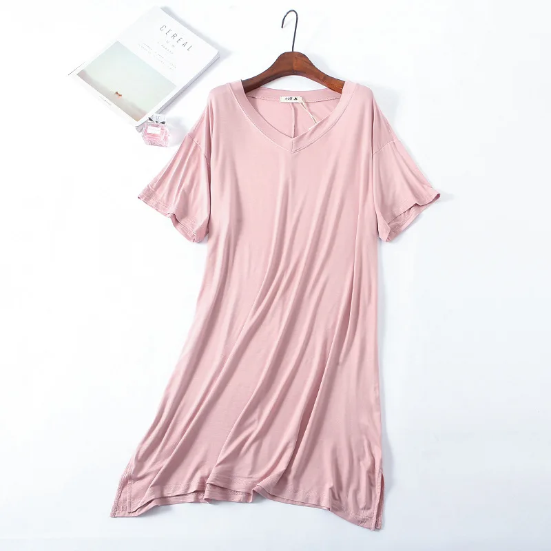 Розовый Женская Мягкая пижама из модала с коротким рукавом, Корейская свободная ночная рубашка большого размера, женское летнее платье для сна, платье с v-образным вырезом, 9 цветов - Цвет: Розовый