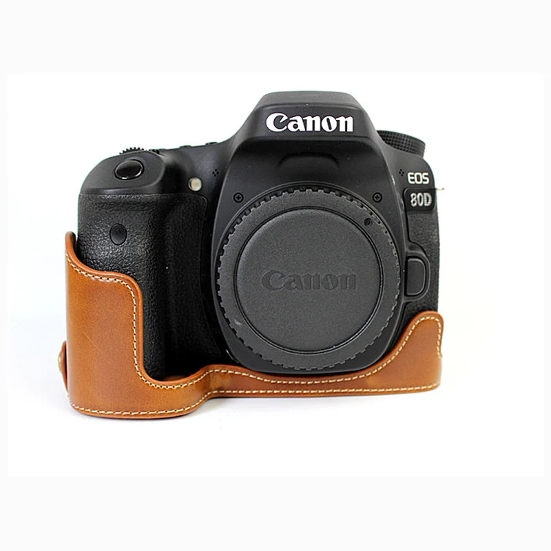 Brown Color portable camera bag PU Leather case cover For Canon EOS 90D 80D 70D 60D half body shell With Battery Opening - Цвет: Brown Color