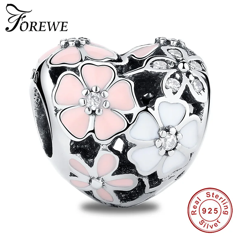 

Forewe Silver Charm 925 Sterling Silver Pink and White Flower Heart-Shape Beads fit Bracelets & Bangles DIY Jewelry Making