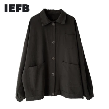 

IEFB / 2020 New Arrival Men Vintage Long Petal Sleeve Loose Shirt Male Casual Pocket Deco Turn-down Shirt Men Solid Blouse HD336