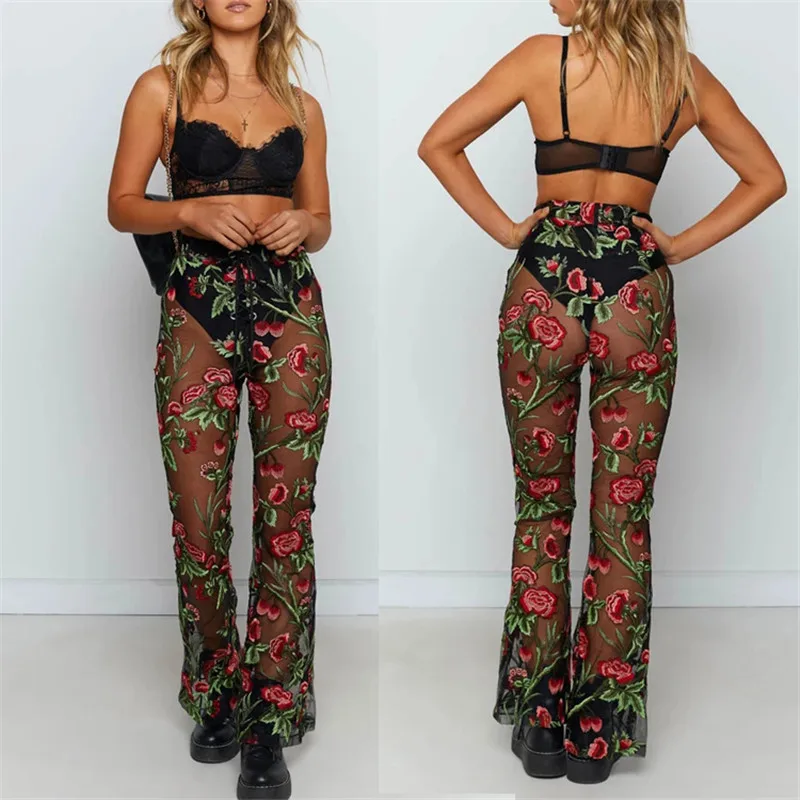 

Summer Women Swimwear Floral Print Mesh Bikini Cover Up Beachwear See Through Floral Pants Trousers