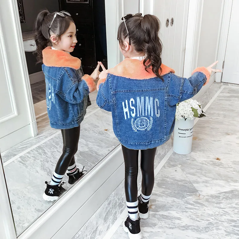 girls coats winter kurtka zimowa dla dziewczynki Faux fur inner and collar denim Jacket FashionPrint on back 10 ans 12 ans