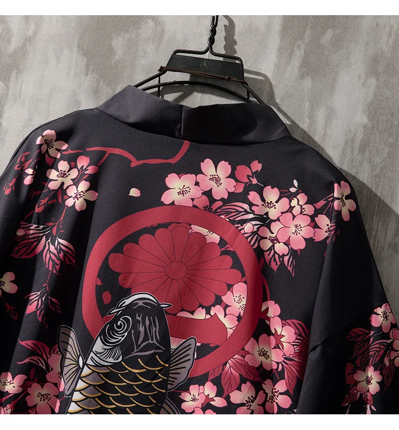 Японская куртка с принтом рыбы кои Харадзюку хип-хоп Мужская Уличная куртка в японском стиле летняя тонкая одежда свободное кимоно SA-8
