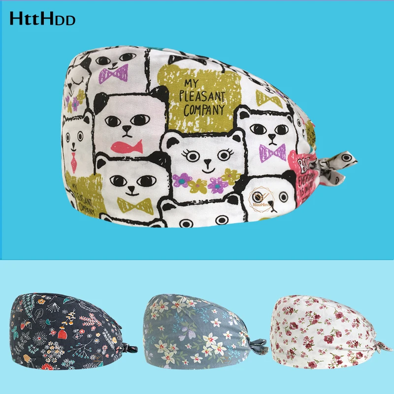 

new Unisex Laboratory Operator Scrubs Hats Women Men Beauty Cap Cartoon Printing Scrub Caps Chemotherapy Hat adjustable tail cap