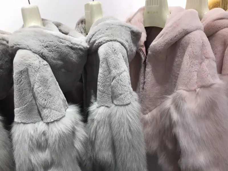 rf1987 New Arrival Real Fox Fur Fashion Woman's Real Rex Rabbit Fur Coat with Hood Natural Fur Jacekt