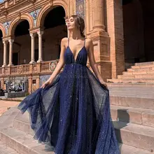 Сексуальные с v-образным вырезом без спинки темно-синие платья на выпускной Блестящие Блестки арабские женские вечерние платья Длинные женские вечерние платья