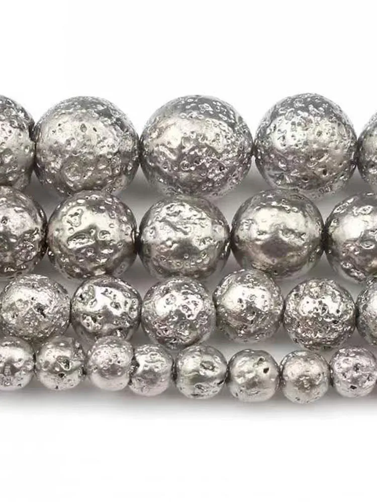 Natural Stone Sliver Plated Rock Volcanic Lava Stone Beads Round Loose Spacer Bead For Jewelry Making Diy Charm Bracelet 15Inch