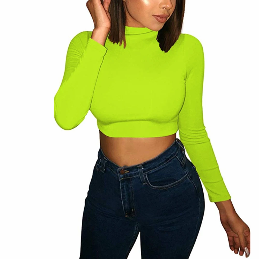 Women Solid Color Turtleneck Long Sleeve Crop Top Slim Pullover Casual Tank Base T- Shirt Fluorescent Green Top New yellow t shirt