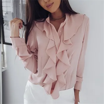 

White Blouse Fashion Female Full Sleeve Casual Shirt Elegant Ruffled V-Neck Office Lady Tops Women Wear
