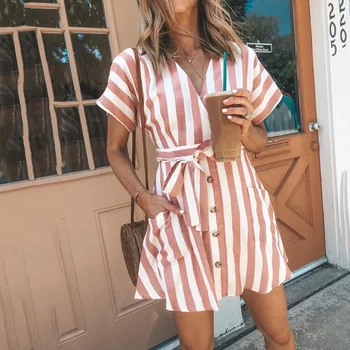 

2019 Women's Fashion Loose Dress Short Sleeve Casual Striped Printed V-Neck Dress Button Mini Party Dress With Sashes