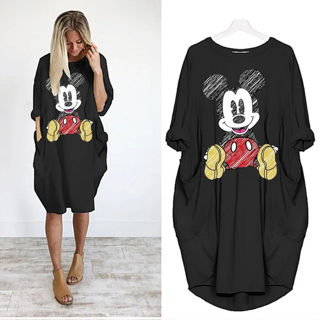 Disney Plus Size Midi Dress Long Sleeve Robe Casual Minnie Mickey Mouse Print Beach Loose Dresses Kawaii Sundress Women Clothing D002H1692 Black
