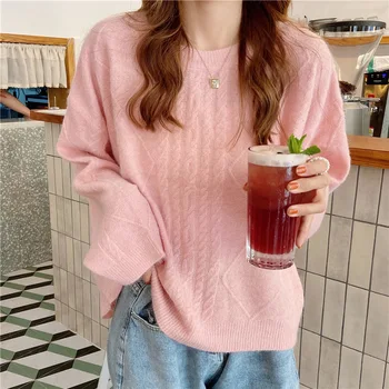 

2020 Autumn and Winter New Style Macarons Knit Low Waist Jersey Linen Flower Color Sweet Crew Neck Loose and Plus-sized Pullover