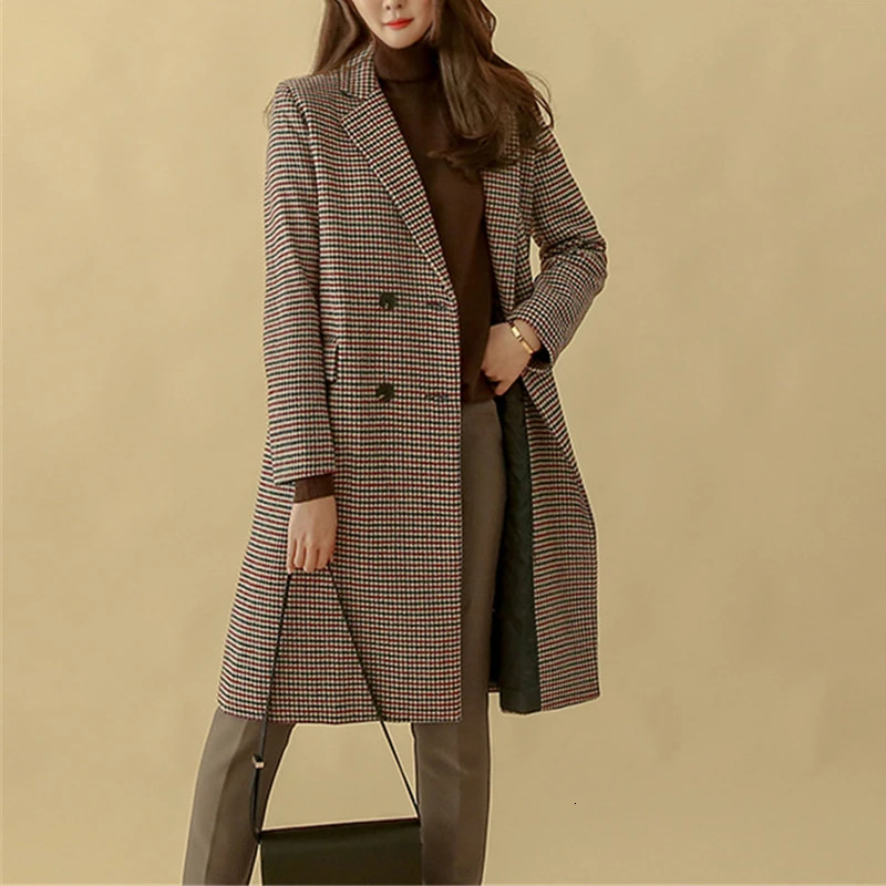 Осенне-зимнее пальто винтажное клетчатое женское двубортное шерстяное пальто с длинным рукавом корейская модная верхняя одежда Manteau Femme