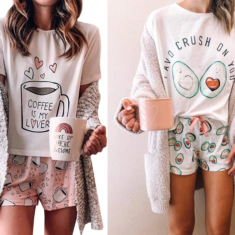 2020 Woman Kawaii Pajamas Summer Pijama Mujer Pajamas Cute Cat Printe Lounge Wear Sleepwear Set Suit for Home