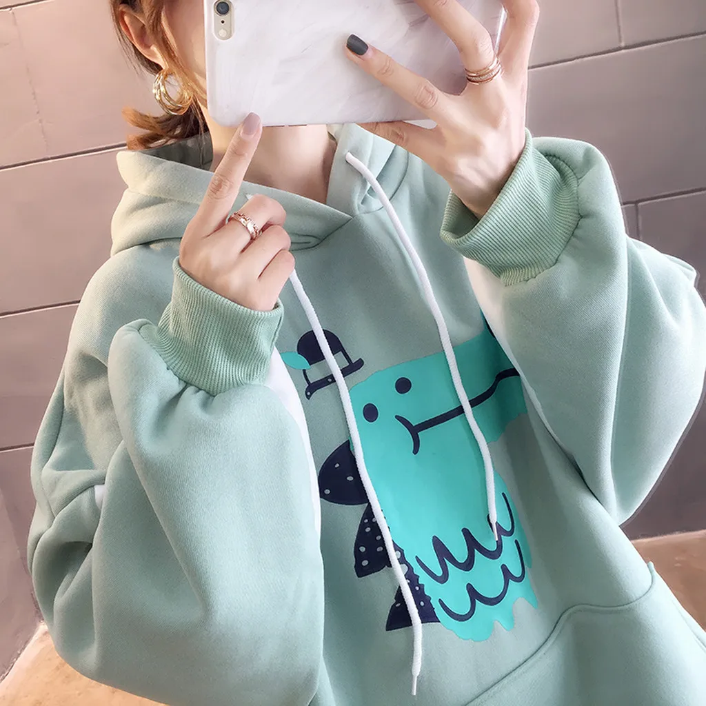 Winter Women Casual Loose Hoodie Dinosaur print Sweatshirt Hooded Pullover Coat sudaderas para mujer dropshiping W1023