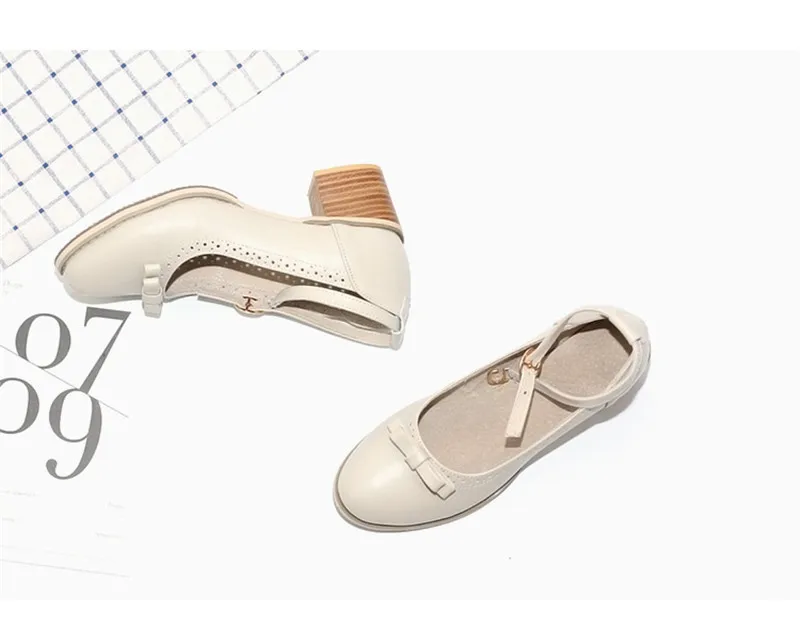 Japanese Buckle Strap Bow Women Oxford High Thick Heels Lolita Shoes British Genuine Leather Single Brogues Shoes Woman Size 43 (21)