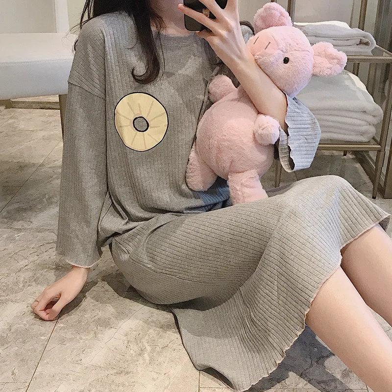 

Spring And Autumn Pajamas Women's Long-Sleeve Nightgown Pure Cotton Loose-Fit Cute Lemon Long Skirts Korean-style Students-Outer