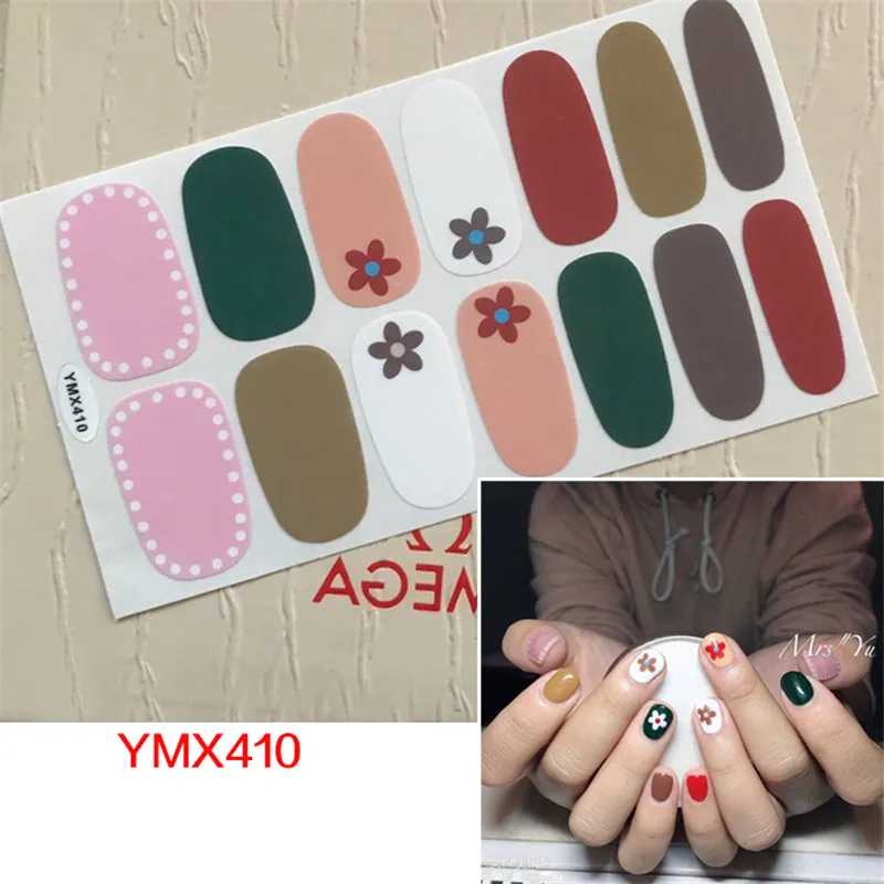 YMX410 Горячая 14 типсов Дизайн Ногтей Полное покрытие самоклеющиеся наклейки s лак фольга сердце дизайн цветочные обертывания 3D водонепроницаемые наклейки для ногтей маникюра - Цвет: YMX410