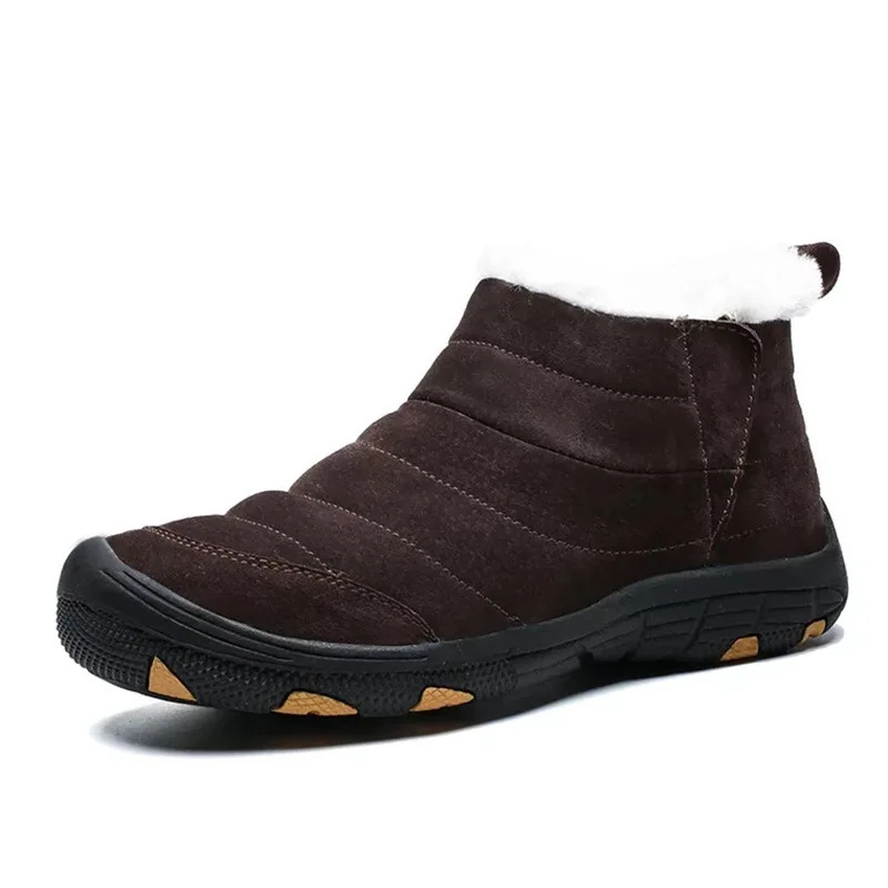 dark brown New Fashion Genuine Leather Men Snow Boots Winter Warm Plush Men's Boots Waterproof Ankle Boots Flat shoes Plus Size 39-46 - Цвет: dark brown