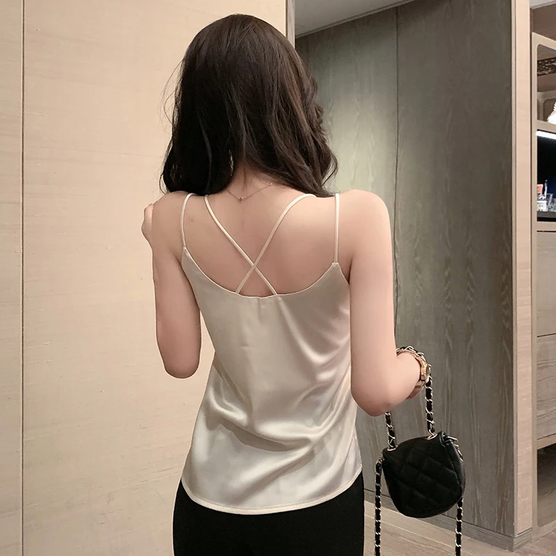 Korean Silk Women Tank Tops Woman Satin Silk Camis Woman Basic White Top Camisole Plus Size Women Sleeveless V Neck Halter Top