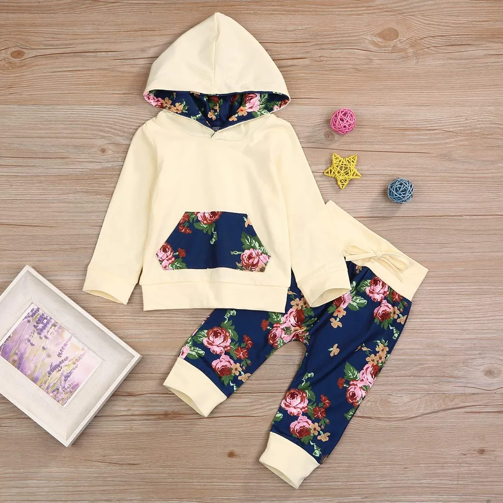 Толстовка с капюшоном и цветочным принтом для маленьких девочек; топ+ штаны; комплект одежды; модная повседневная одежда для маленьких девочек; - Цвет: Цвет: желтый