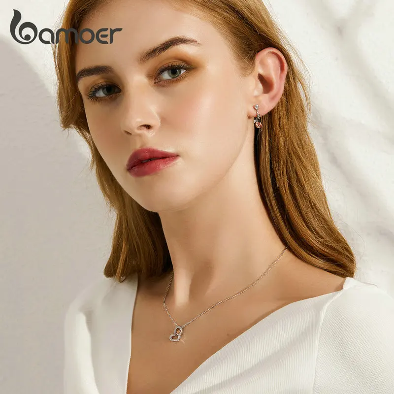 Bamoer, серебро, 925, ювелирное изделие, сердце и Роза, подвеска, цепь, ожерелье для женщин, хорошее, свадебное, обручальное, ювелирное изделие, BSN132