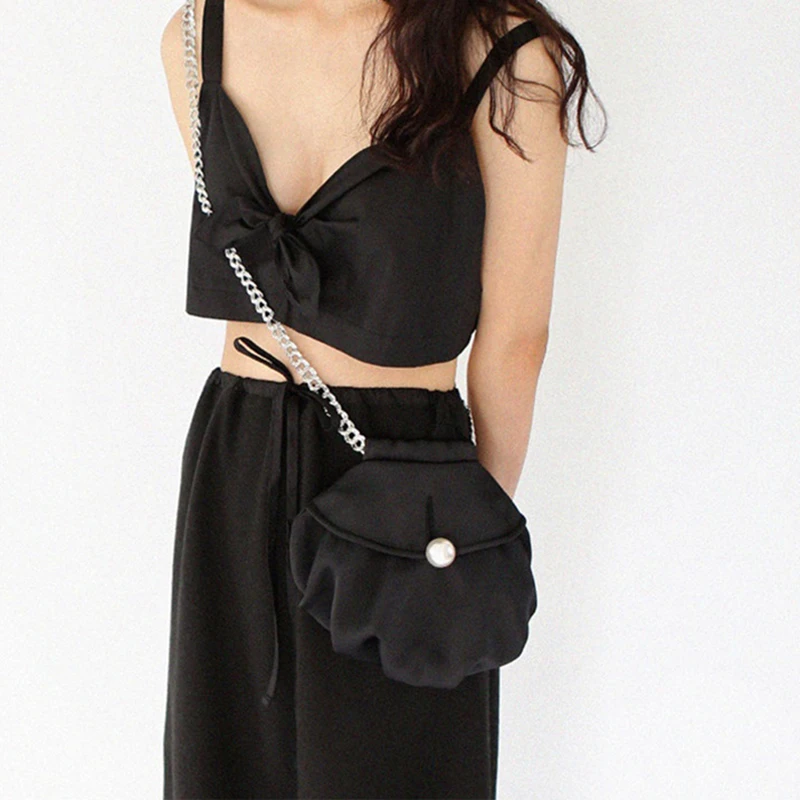 

Modern Retro Fashion Casual Designer Mini Messenger Shoulder Bag Ladies Brand Small Clutch Black Pearl Nylon Shell Chain Bag