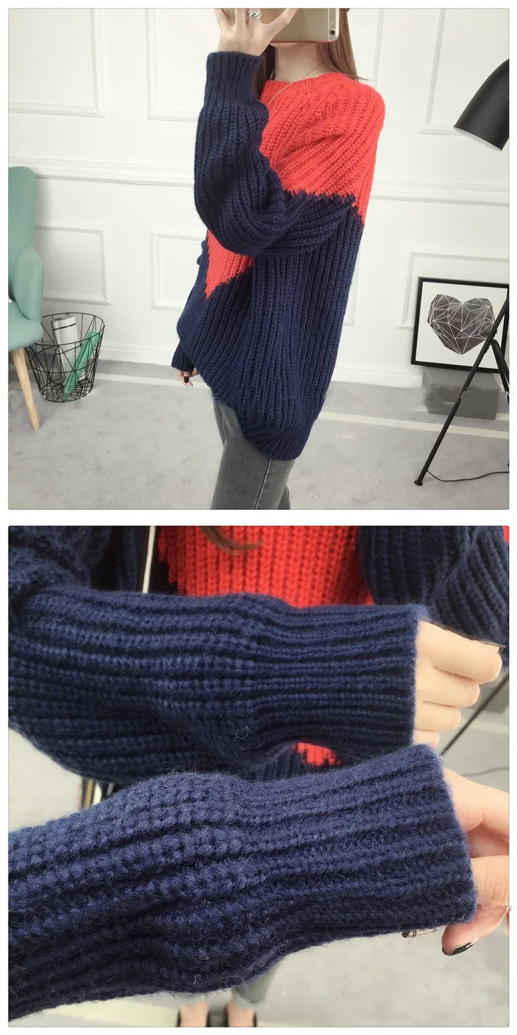 Neploe корейский Толстый Свободный Плюс Размер свитера для женщин Invierno О образным вырезом лоскутные студенческие Пуловеры Осенние дикие дамы Топ 46018