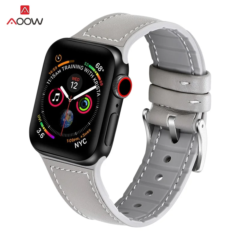 AOOW силиконовый ремешок для часов из натуральной кожи для Apple Watch 38 мм 40 мм 42 мм 44 мм iWatch 1 2 3 4 ремешок на запястье коричневая Серебряная Пряжка