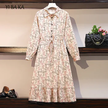 

plus size women vintage loose shirt dress autumn new long sleeve turn down collar floral print mid calf Pleated dresses
