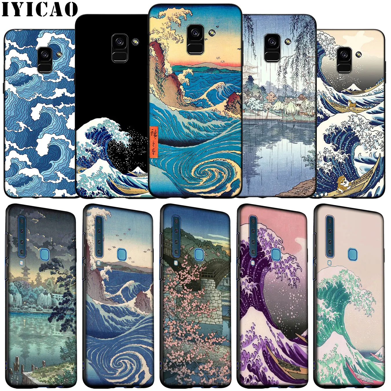 IYICAO Wave Art Japanese Green Illust Soft Silicone Case for Samsung Galaxy A6 A9 A8 A7 2018 A3 A5 Note 9 8 10 Plus 20 Ultra | Мобильные