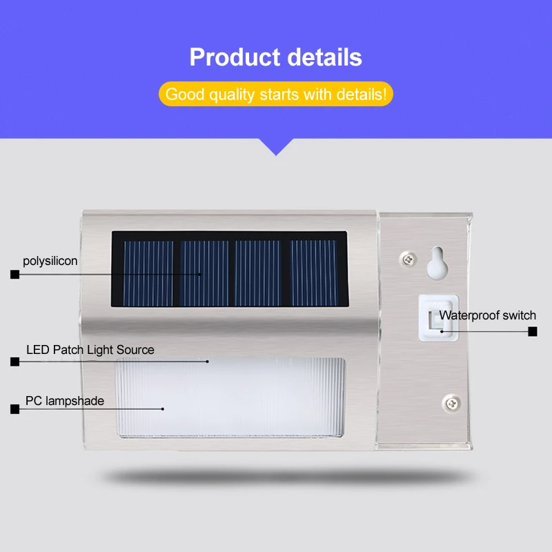 Светодиодный светильник на солнечной батарее IP44, водонепроницаемая лампа для лестницы из нержавеющей стали, наружная настенная лампа, лампа для сада и сада