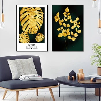 

Abstract Golden Plant Leaves Canvas Painting Luxury Green Golden Botanic Wall Art Poster and Print Modern Living Room Home Decor