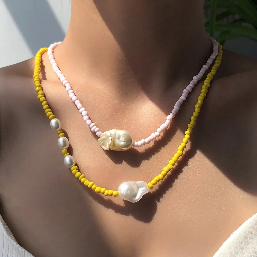 

Baroque Pearl Peadnt Necklace for Women Bohemia Natural Rice Beads Chain Imiation Pearl Beads Choker Necklace Fashion Jewelry