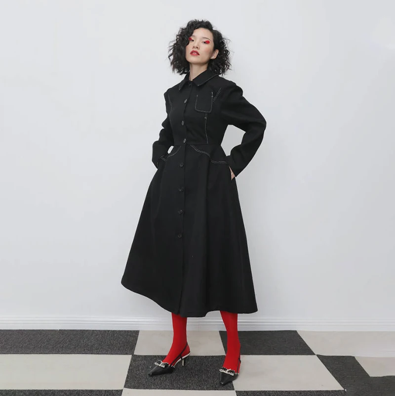 [EAM] свободное Черное длинное шерстяное пальто с разрезом, парки, новинка, длинный рукав, женская мода, Осень-зима, 1N114