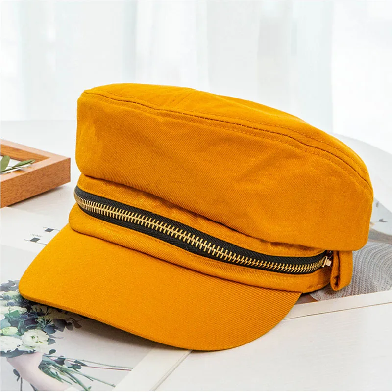 SUOGRY New Fashion Men Women Hats Elegant Zipper Newsboy Cap Retro Artist Painter Hat Flat Top Sailor Captain's Cap Berets - Цвет: yellow