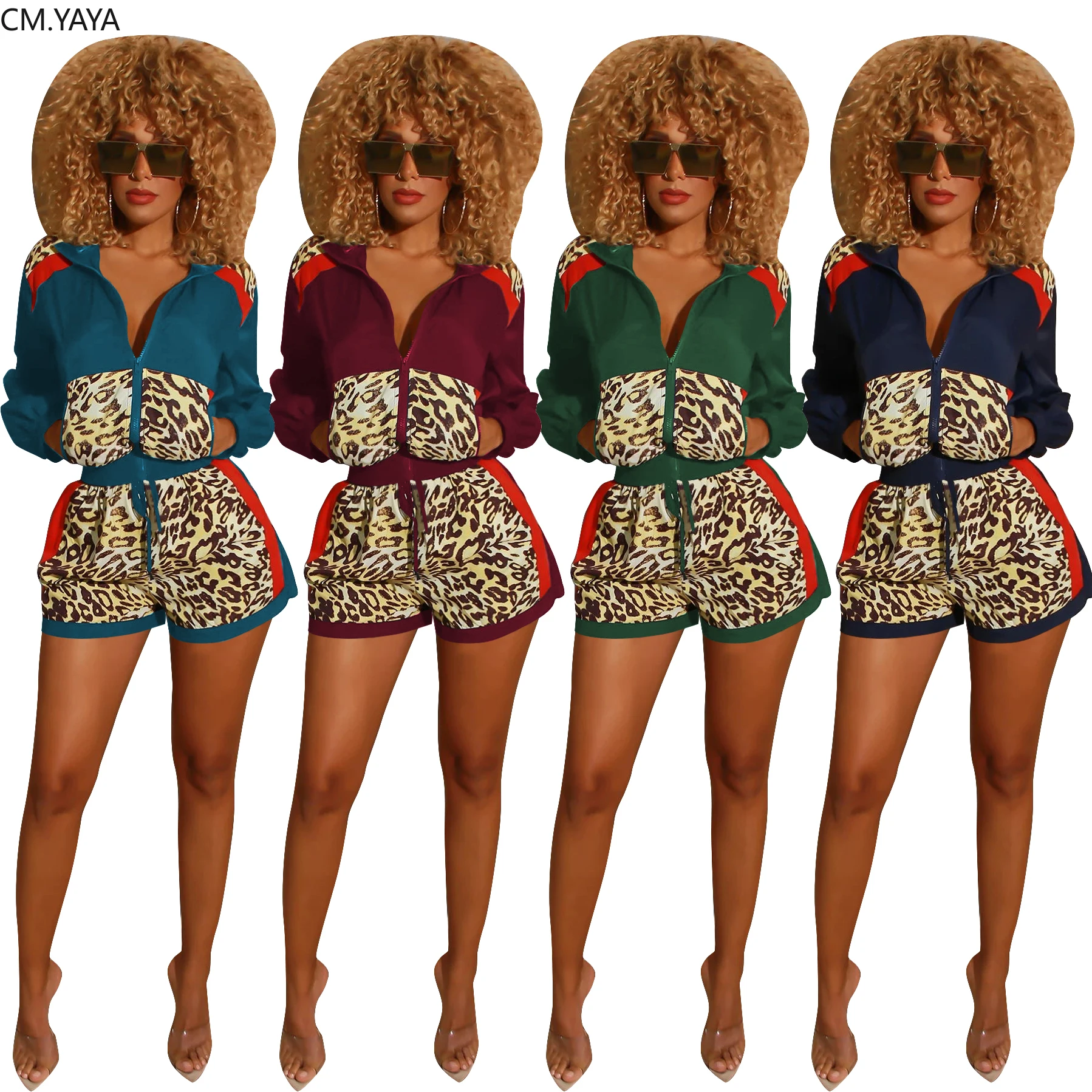 

GL Fall Winter Women's set long sleeve Leopard Print Jacket Pockets shorts suit streetwear two piece set Sporty tracksuit CM612