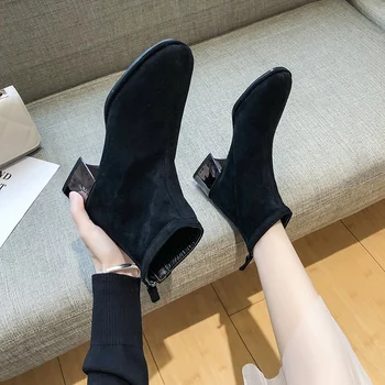 

Chelsea Short Boot Women Spring and Autumn Single Boots 2020 New Fall British Style Thick Heel Stretch Increase Winter Shoes Zip